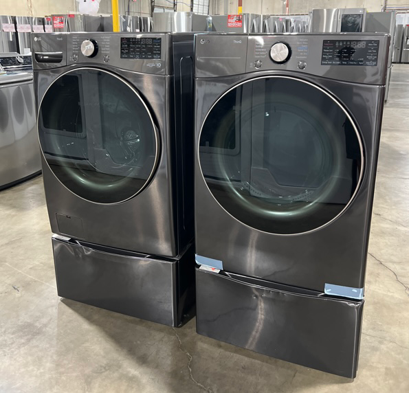 LG Washer and Dryer Frontload Black Steel , with Pedestals HTX